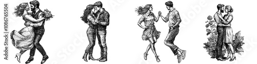 Sketch engraving generative AI fiction poster illustration of two couples dancing closely and sharing a romantic embrace in vintage clothing. Scratch board imitation. Black and white image.