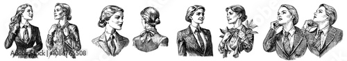 The stylized image shows a pin-up woman dressed in a suit and tie, exuding a confident and stylish retro charm. Generative art illustration utilizing stock.
