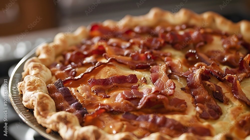 The edges of the pie bent slightly exposing the baking butter and bacon The edges of the pie bent slightly exposing the baking butter and bacon