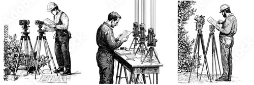 This illustration depicts a surveying engineer working with a total station, theodolite, and topography measurement tools. This is a flat modern illustration isolated on a white background.