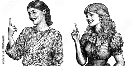 A happy young girl points with her index fingers in a hand gesture, indicating her best option. An excited smiling woman chooses, illustrates, shows, selects, advertises the best option.