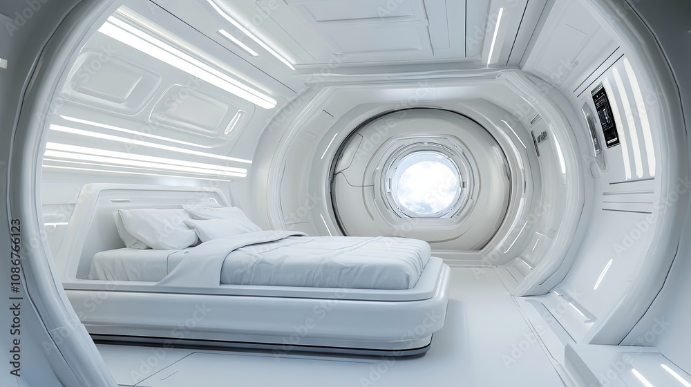 A futuristic, minimalist bedroom design featuring a round window and sleek white furniture. A futuristic, minimalist bedroom design featuring a round window and sleek white furniture.