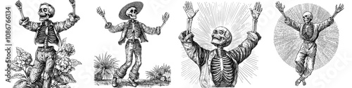 Skeleton dancing, dance pose, creating a spooky atmosphere with sketch engraving. AI raster illustration. Scratch board imitation.