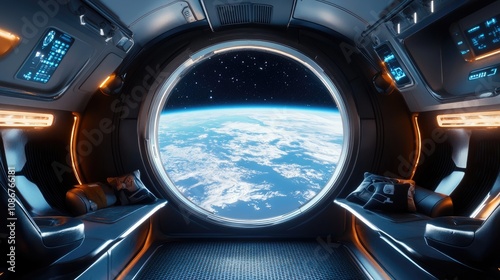 Futuristic spaceship cabin with a breathtaking view of Earth through a large circular window.