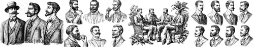 Male portraits with a variety of vintage hairstyles, beards, and mustaches sketch engraving generative AI raster illustration. Scratchboard imitation in black and white.