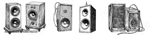 An electronic music system composed of columns of loudspeakers. Professional electronic loudspeakers and amplifiers. Modern flat illustration isolated on white.