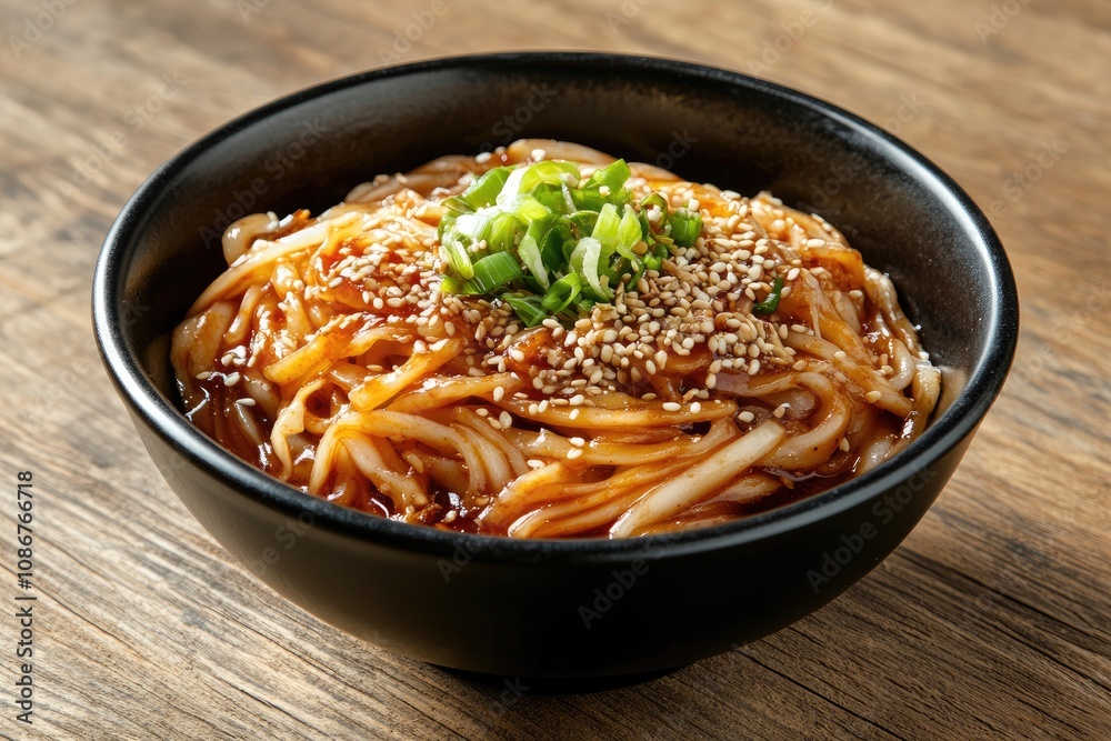Delicious Spicy Udon Noodles Sesame Garnish Bowl Delicious Spicy Udon Noodles Sesame Garnish Bowl
