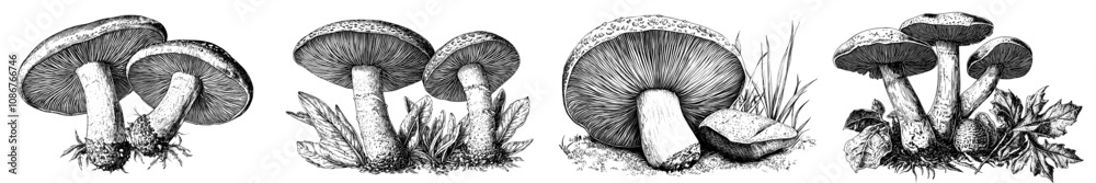 A sketchbook champignon is cut, engraved and colored with color. Line drawings in black and white are also included