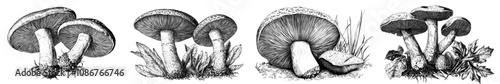 A sketchbook champignon is cut, engraved and colored with color. Line drawings in black and white are also included