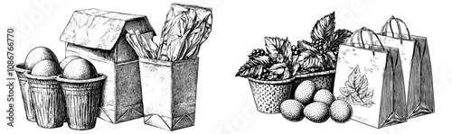 Packaging set using sustainable biodegradable materials. Cardboard box, kraft paper pack, shopping bag, containers for delivery, takeaway food, gifts. Flat modern illustration isolated on white.