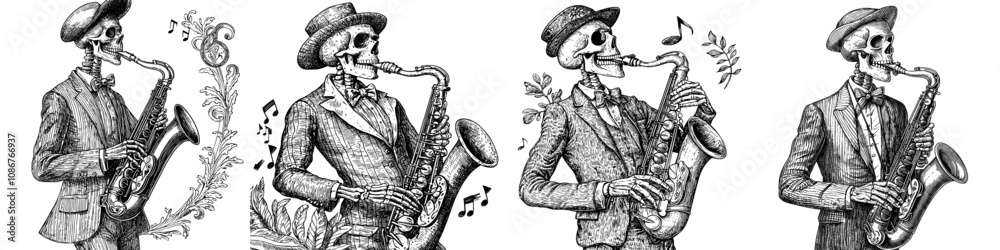 Fototapeta premium Black and white sketch engraving of skeleton playing jazz on saxophone, with musical notes floating about. generative ai raster illustration based on scratchboard imitation.