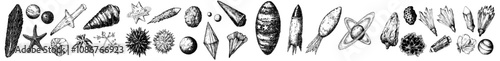 Modern black and white illustration set of stars, planets, comets, and galaxies and asteroids.