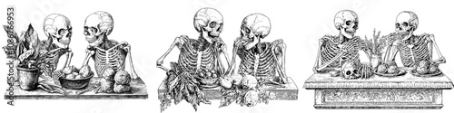 The skeleton couple is having a romantic dinner at a table with floating hearts, blending love, humor, and macabre elements. This is an engraving generation used to create an ai raster illustration