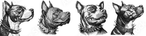 Drawing of a punk pitbull wearing a spiked collar and showing toughness, strength, and loyalty. Scratchboard imitation. Black and white.