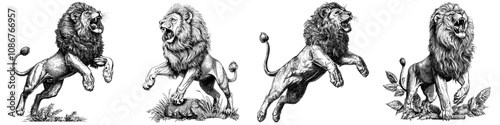 An engraving style sketch engraving generative raster illustration of a powerful lion pouncing. Scratch board imitation. Black and white.
