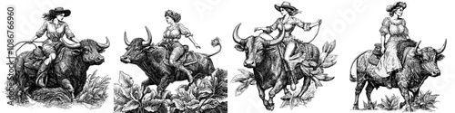 An illustration of a pin-up cowgirl riding a bull with a lasso in a rodeo scene. Stock raster illustration based on scratchboard imitation.