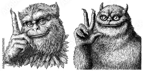 A hand drawn generative ai image of a monkey animal with an OK gesture sketch engraving. Good sign. Scratch board style imitation. Hand drawn style generative ai image.