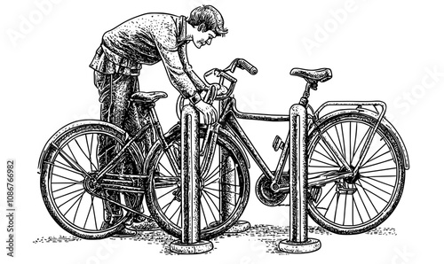 Bike parking lot with rack station in urban area. Cyclist locking bicycle outside for security, eco-friendly city transport. Safety cycle storage. Modern flat illustration isolated on white.
