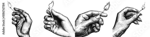 The hand holding a lit matchstick with a burning flame is surrounded by a fire head and is positioned on a fire-lighted wood matchstick. Ignition, heat, and energy symbol, concept. Fiery light. Flat