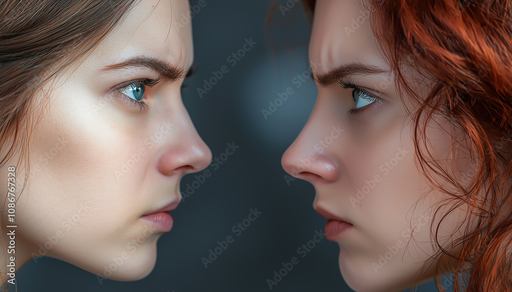 Two women facing each other, looking at one another with an angry expression on their faces, in a photorealistic style. Generative AI. Two women facing each other, looking at one another with an angry expression on their faces, in a photorealistic style. Generative AI.