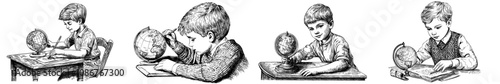 Educated school boy with Earth globe. Learning subject. Cute kid student, pupil at lesson, education. Modern flat illustration isolated on white.