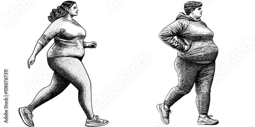 Plus-size woman jogging, walking, exercising. Female jogger with fat body working out, exercising, exercising. Flat illustration on a white background.