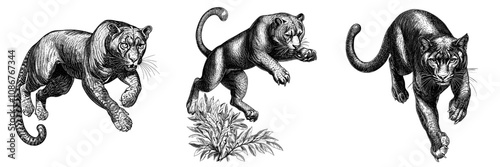 Running panther jumping, emphasizing its muscular build and agility. Ai raster illustration from tattoo design sketches. Scratch board imitation.