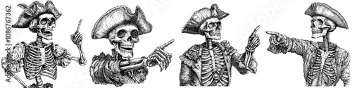 Illustration of skeleton pirate with sword and spooky, humorous nautical theme sketch engraving generative AI raster image. Black and white copy.