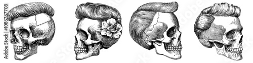 An elegant skull with a classic pompadour haircut surrounded by stars and rays in a vintage tattoo style sketch engraving generative Ai raster illustration.