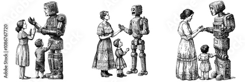 This sketch engraving generative raster illustration consists of a scene of tension and family conflict created by a father threatening a robot and two distressed children surrounding him.