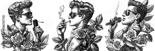 Sketch engraving generative AI raster illustration. Scratch board imitation, with slicked-back hair, sunglasses, tattoos, and a cigarette, evoking rockabilly vibes.