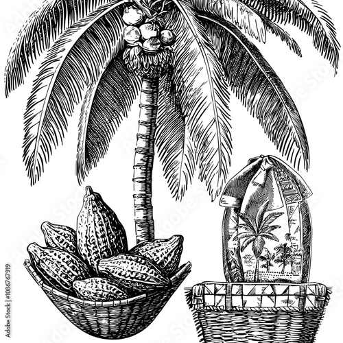 An exotic nature fabric print with jungle animals, monkeys, flowers and palm trees in a vintage style.