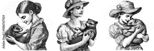 Women holding possums or ferrets. emotional bond between them sketch engraving generative AI drawing. Scratch board imitation.