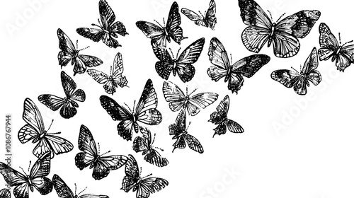 Butterfly modern pattern, black silhouettes, wild flying butterfly isolated in white.