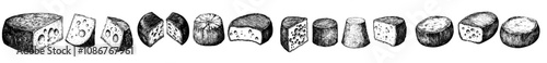 Sketch set of Pecorino, Gouda, Mozzarella and Camembert cheese. Vintage illustrations hand-drawn.