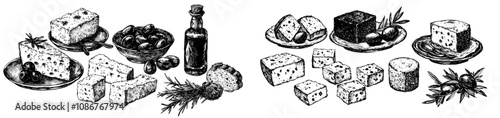 Illustration of olives and basil for an illustration of Parmigiano, Feta, and Pecorino cheese, blue and Brie cheese, and blue and pecorino cheese.