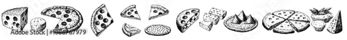 An Italian pizza set with Parmigiano cheese slices and a cheese platter in a vintage modern style.