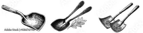 Graphite and black and white illustration of a square spade shovel.