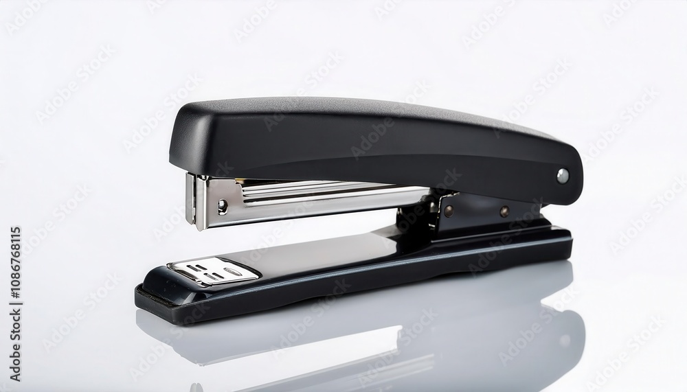 A sleek black stapler on a clean, reflective surface. white background A sleek black stapler on a clean, reflective surface. white background