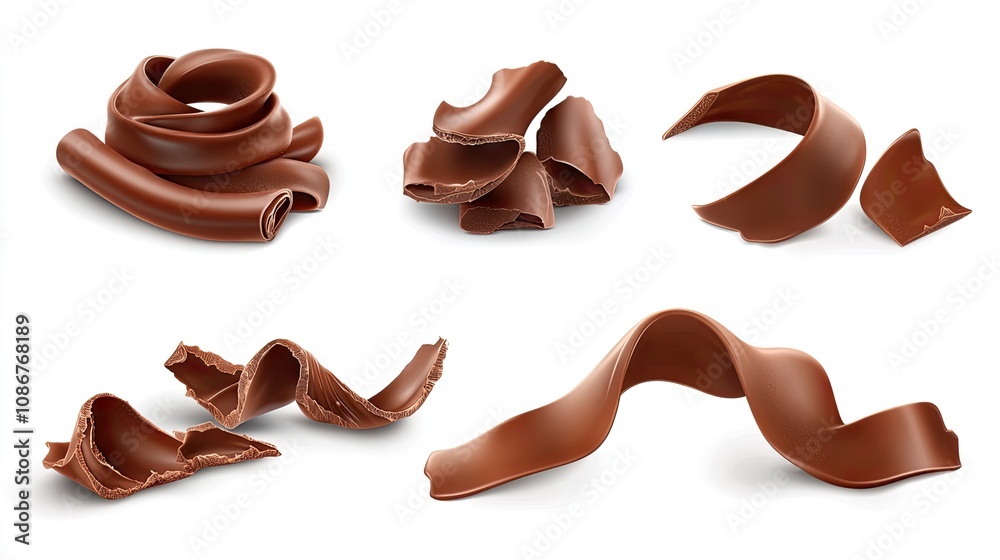 An assortment of smooth, rich chocolate curls and shavings, showcasing a variety of textures and shapes. An assortment of smooth, rich chocolate curls and shavings, showcasing a variety of textures and shapes.