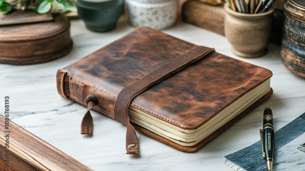 A rustic leather journal rests on a wooden desk surrounded by stationery and plants during a calm afternoon in a cozy workspace