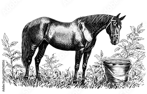Angry nervous horse reaction to unknown object, new bucket, stallion fear, fright, animal psychology. Flat modern illustration isolated on white.
