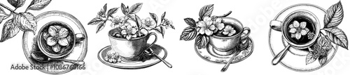 Stunning flat modern illustration isolated on white background of an herbal tea cup with floral herbs. The cup is filled with a warm aromatic beverage with a fragrant aroma of field flowers. It is a
