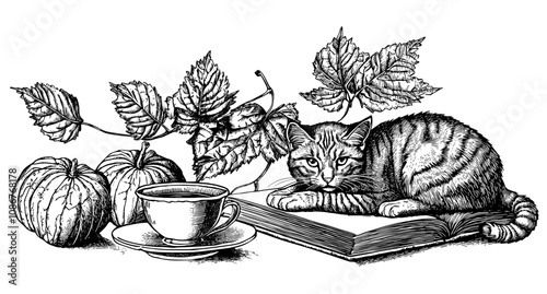 The autumn mood is hygge time at home with laptop computer, cat, comfy cushion, tea cup, candle, leaf decoration in vase. Flat modern illustration isolated on white background.