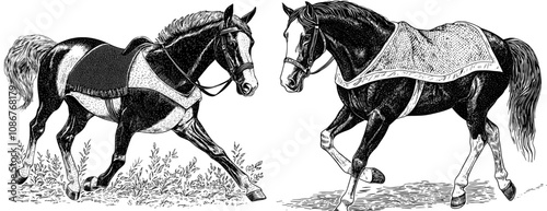 A horse tears off a rug. A mischievous disobedient stallion. Thieving steed damages a blanket or sheet. Modern flat illustration isolated on white.