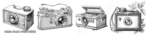 Photographic camera and lens. Retro camera accessories. Creative gadget. Flat graphic illustration on white background.