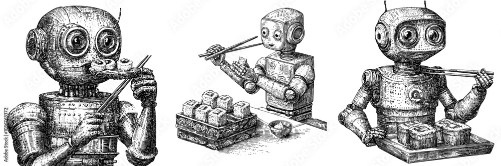 In retro style sketch engraving generative ai raster illustration, a cheerful robot uses chopsticks to eat sushi.