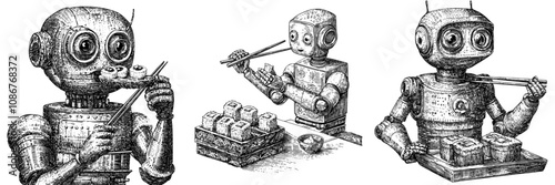 In retro style sketch engraving generative ai raster illustration, a cheerful robot uses chopsticks to eat sushi.