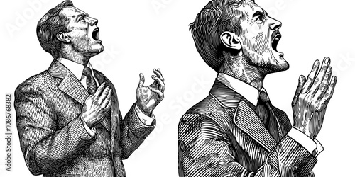 Illustration of a businessman shouting at a computer, generating stock. Black and white sketch engraving illustration. Scratch board imitation.
