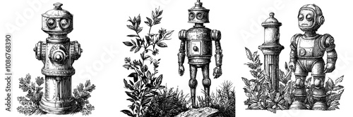 An affectionate robot hugs a fire hydrant. Using whimsical urban imagery sketch engraving generative raster illustration.